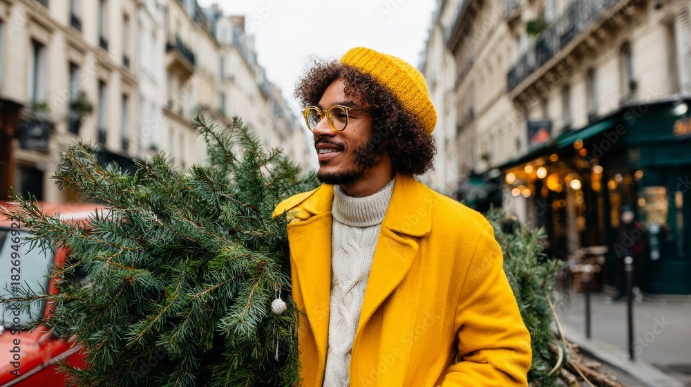 Obraz premium Man holding Christmas tree on street.