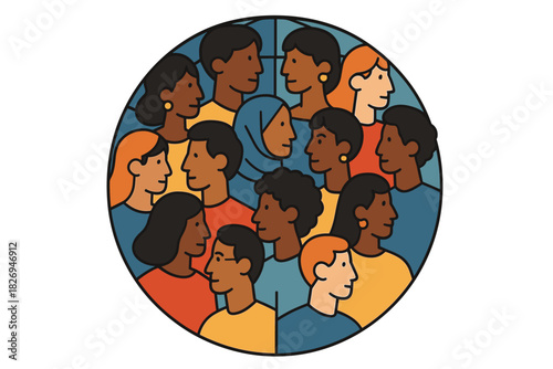 Diverse group of people in a round composition with colorful outlines