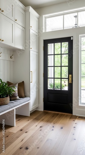 Bright modern mudroom with black front door, built-in bench, white storage cabinets, and natural light