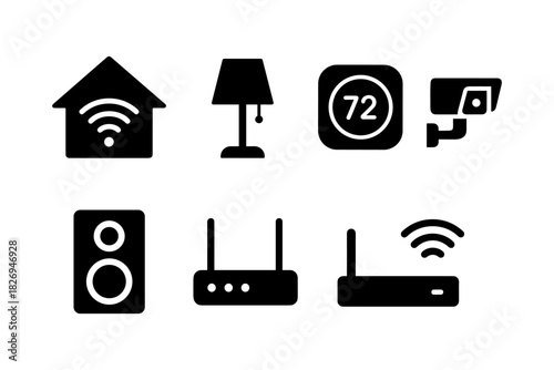 Smart home devices silhouette icons: speakers, cameras, thermostats, and more