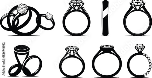 Diamond ring silhouettes, engagement rings vector, wedding band icons, luxury jewelry designs, bridal ring graphics, precious gemstones, elegant accessories, fashion rings