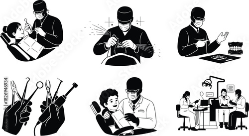 Dentist treating child patient, dental examination, dental tools, dental clinic team, oral care, dental hygiene, patient consultation, vector medical illustration