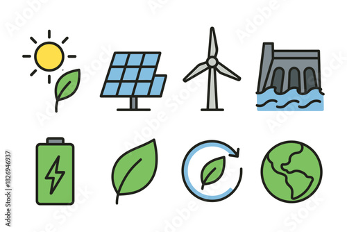 Renewable energy icons: solar, wind, hydro with nature themes in simple lines