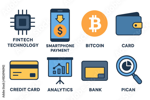 Flat fintech icons: smartphone payment, bitcoin, credit card, analytics, wallet