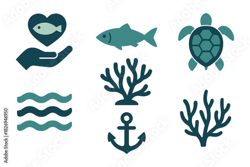 Nautical icons set: marine life symbols with fish, anchor, and coral designs