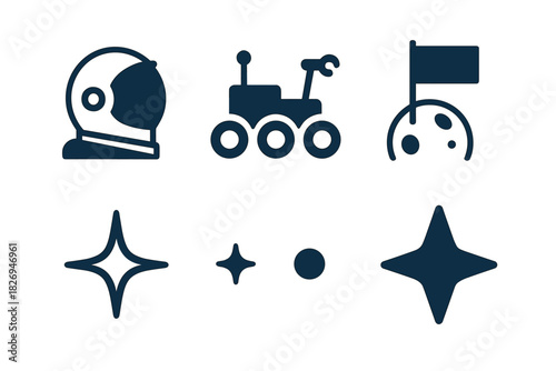 Space exploration icons: astronaut helmet, rover, moon flag, and stars