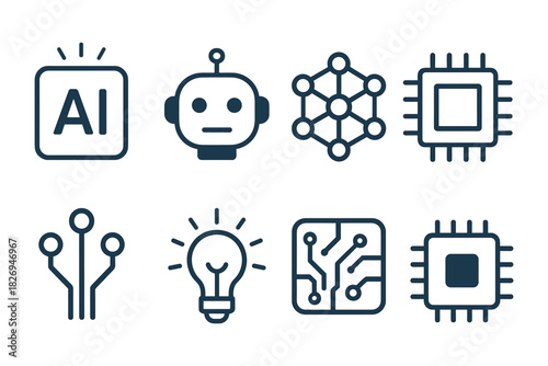 Ai and technology icon set featuring robotics, neural networks, and circuit symbols