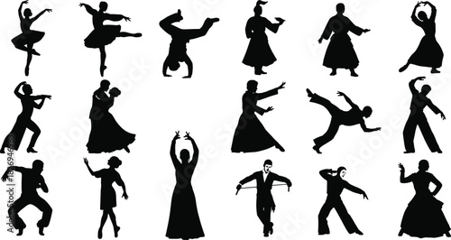 Diverse dance silhouettes performing ballet, hip hop, traditional, flamenco, contemporary, and ballroom dance moves, isolated black shapes on white background.