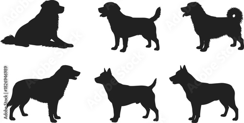 Dog silhouette collection, various dog breeds, black dog vector, pet animal clipart, canine silhouette set, domestic dog illustration, animal vector art