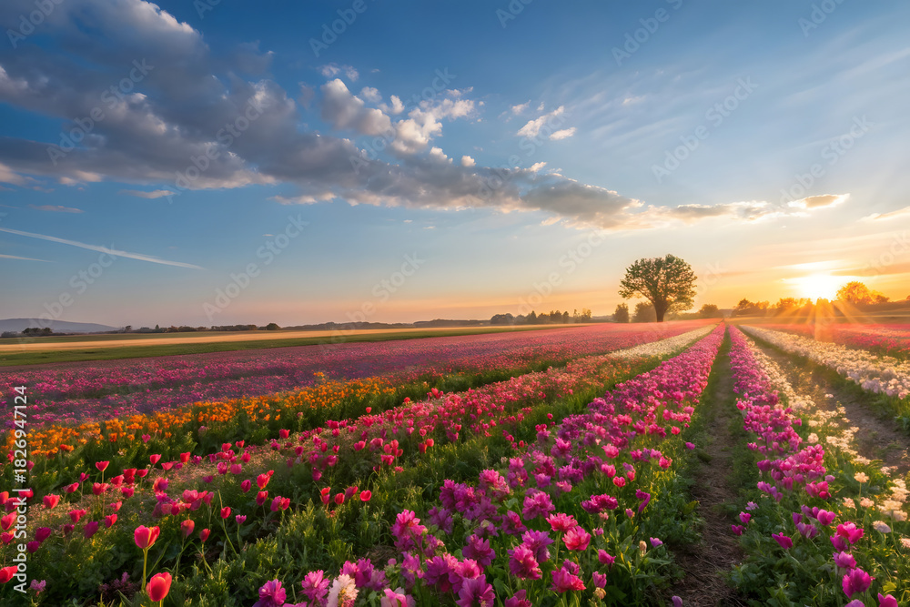 Naklejka premium Vibrant Wildflower Field Under Blue Sky,Colorful Cosmos Flowers Blooming in a Sunny Meadow,Blooming Flower Field on a Bright Sunny Day