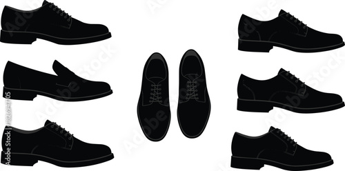 Dress shoe silhouette collection, classic oxford footwear vector, formal leather fashion design, elegant men’s shoes illustration, business style graphic, stylish footwear art