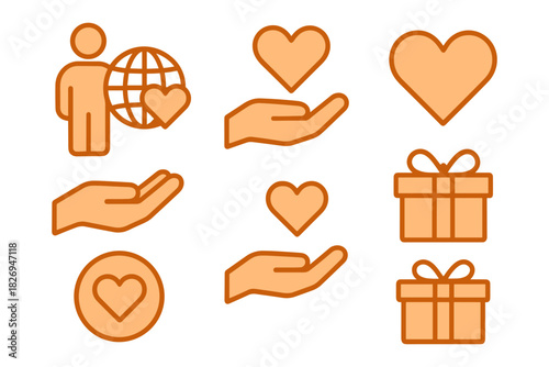 Minimalist heart and hand outline icons with gift and globe elements for social and charity themes