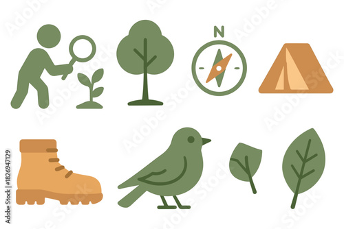 Minimalist nature exploration icons with forest and wildlife themes