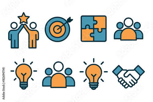Teamwork and innovation icons set featuring collaboration and problem solving