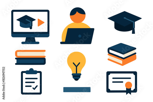 E-learning icons set featuring graduation cap, books, and laptop for online education