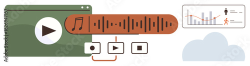 Media player window, sound wave bar, playback controls, data analytics graph, and cloud storage. Ideal for digital media, music streaming, video editing, data analysis cloud storage podcast