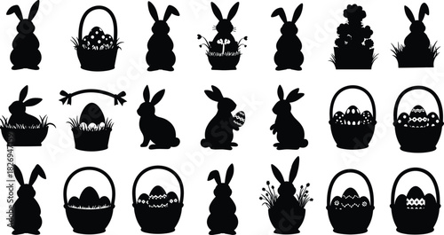 Easter bunny and egg silhouettes in baskets and grass, perfect for holiday decoration, spring celebration, crafting, cards, and invitations