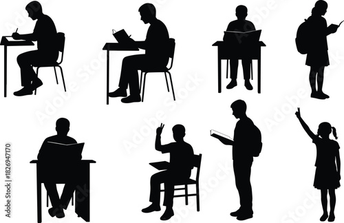 Education, learning, study, classroom, student, teacher, reading, writing, book, school, children, silhouette illustration