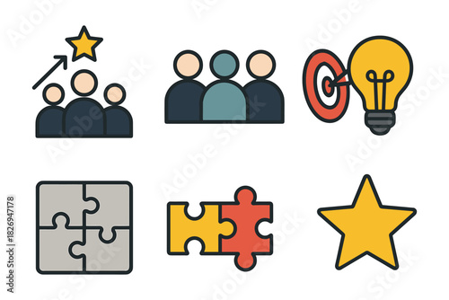 Flat design icons of teamwork, growth, target, puzzle and innovation concepts