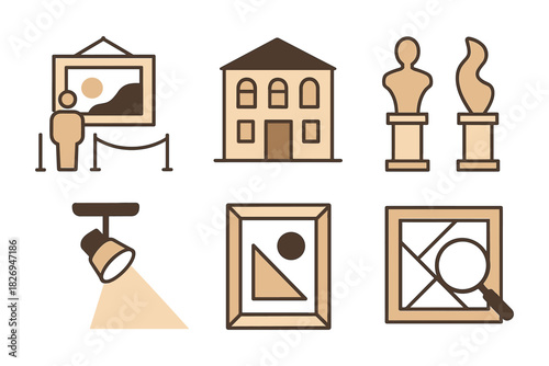 Art museum icons: abstract exhibits and gallery concepts in flat style