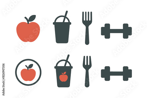 Healthy lifestyle icons: apple, smoothie, fork, dumbbell in minimalist style