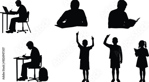 Educational silhouette icons, students studying, children reading, classroom activities, learning at desk, kids raising hands, school education, academic concept, vector illustration, black