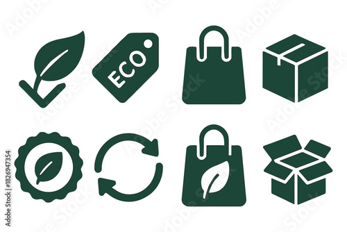 Eco-friendly icons for sustainable shopping and packaging solutions