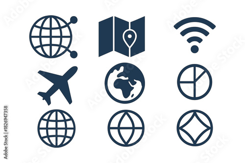 Global connection icons: travel and communication symbols set