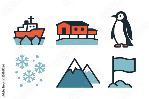 Polar expedition icons: research station, ship, penguin, and snowflakes in flat style