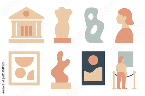Minimalist museum icons: artifacts, busts, and paintings in flat style
