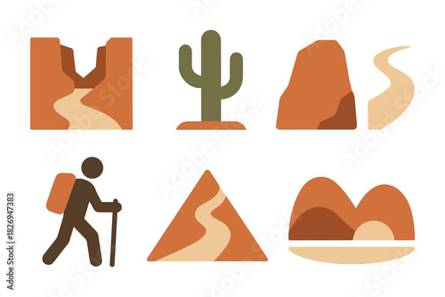 Desert hiking icons set with cactus and trail