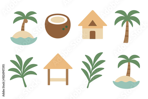 Tropical island icons set with palm trees, huts, and coconut in flat style