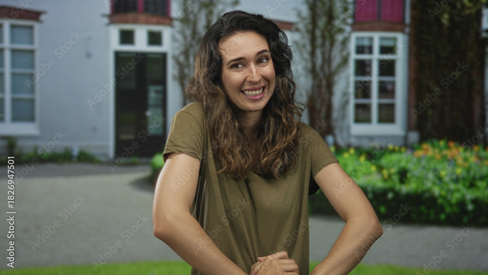 Fototapeta premium Woman opens palms, shrugs shoulders and smiles softly by brick building entrance outdoors; uncertainty.