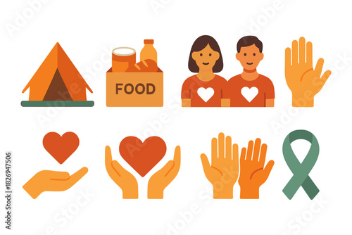 Flat design volunteer icons with camping, food, and heart symbols
