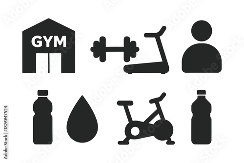 Fitness icons set: gym, equipment, and hydration essentials
