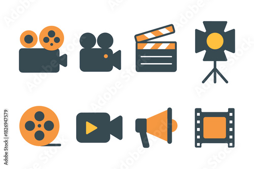 Film production icons: flat style camera, clapperboard, light, megaphone, reel