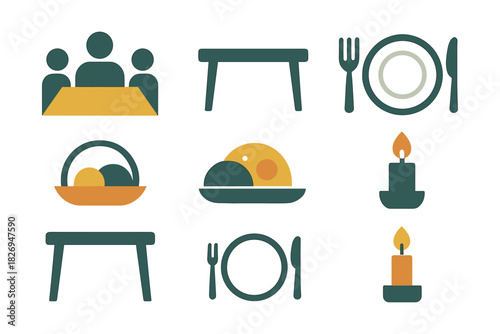 Flat design dining icons: table, family, plate, cutlery, candle, basket