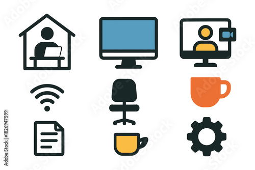 Essential work from home icons: technology, communication, and comfort elements