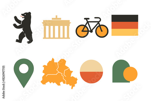 Berlin symbols collection: iconic bear, brandenburg, bicycle, flag, map, minimalist design