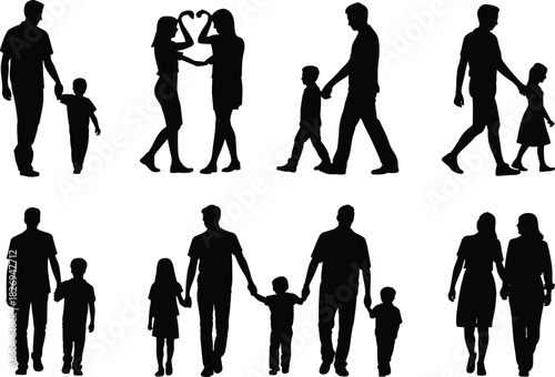 Family silhouettes walking, holding hands, parents with children, same-sex couple, parenting, unity, love, black vector figures, people together