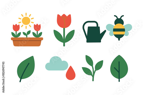 Colorful flat gardening icons: flowers, leaves, watering can, bee, and sun