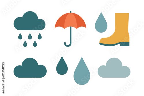Weather icons collection featuring umbrella and raindrops in flat design style