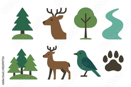 Flat forest icons: wildlife and nature elements collection