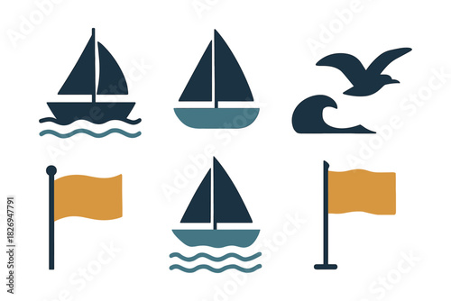 Nautical icons set with sailboats, flags, waves, and seagulls in flat simple design