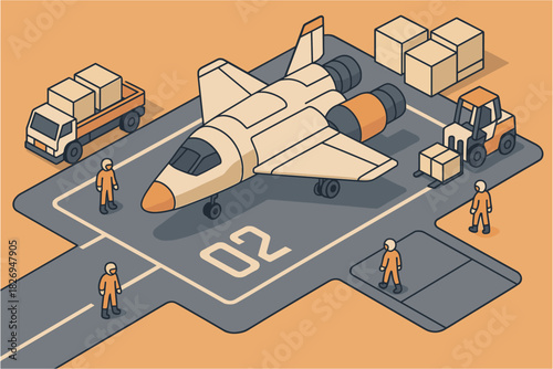 Isometric style space shuttle loading scene with workers and cargo