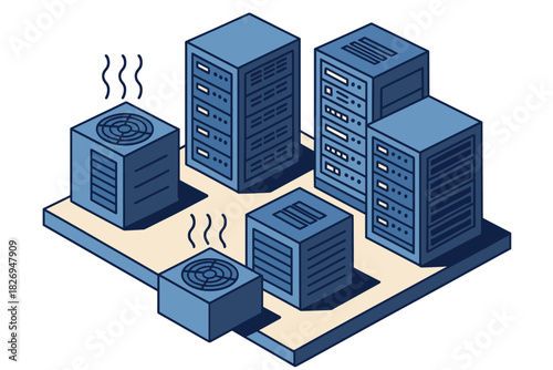 Isometric blue server room with cooling system on platform