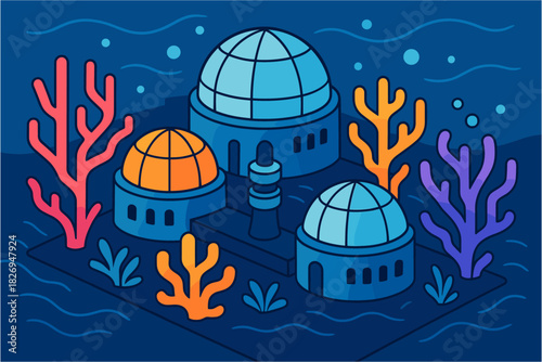 Futuristic underwater cityscape with coral and geodesic domes in flat design