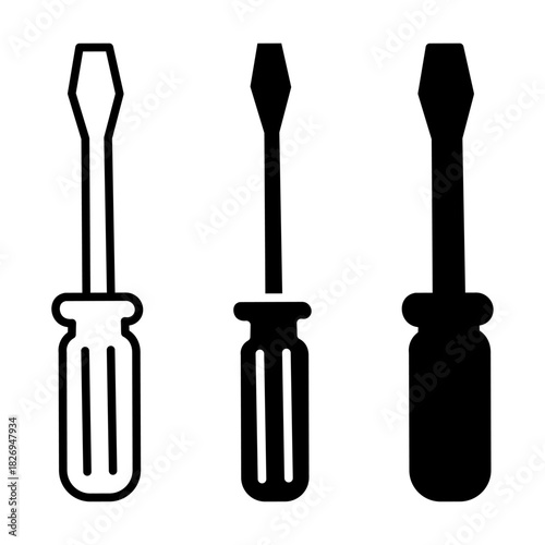 Flathead screwdriver outline solid icon set