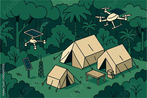 Sustainable jungle camp with solar drones and tents in dense forest setting