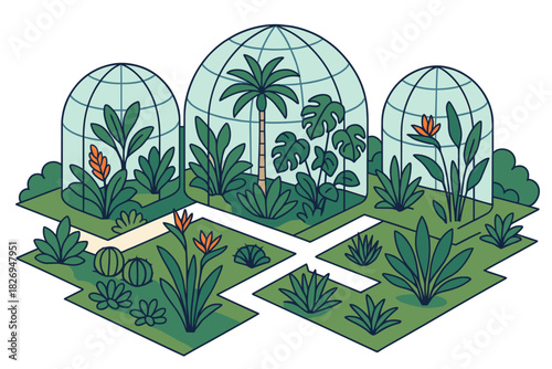 Isometric botanical garden with geodesic domes and lush greenery